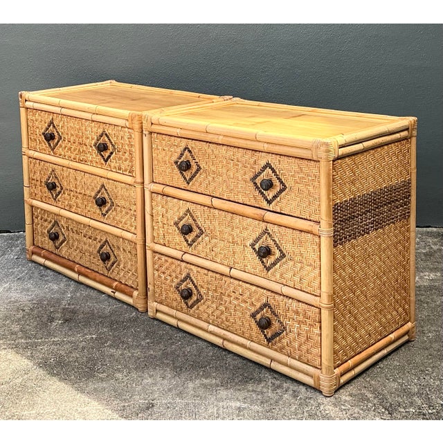 Hollywood Regency Vintage Woven Diamond Rattan Chests - A Pair For Sale - Image 3 of 12