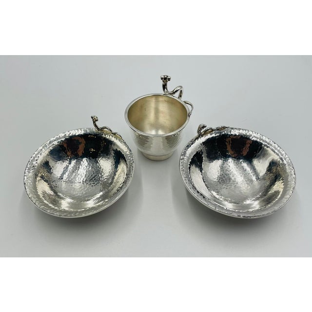 Mexican 1980s Emilia Castillo Silver-Plated Bowl & Cup Set With Sculptural Worm Handles For Sale - Image 3 of 18