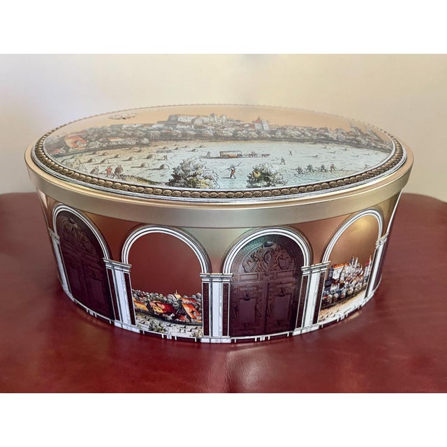 Mid 20th Century Scenic Gold Oval Tin Box For Sale - Image 4 of 8