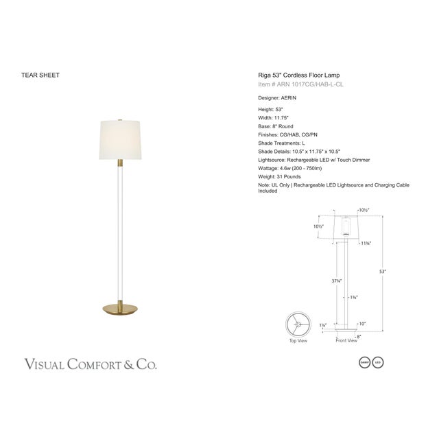 AERIN by Visual Comfort Signature Riga 53" Cordless Floor Lamp in Crystal and Hand-Rubbed Antique Brass with Linen Shade...