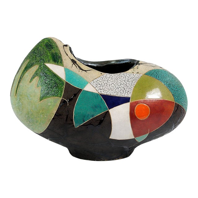 "Winter Wind" by Michael Gustavson, Raku Ceramic Vessel, Deep Black Ground With Green Teal and Red Glaze, Contemporary California Art, Vibrant Colors For Sale