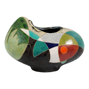 "Winter Wind" by Michael Gustavson, Raku Ceramic Vessel, Deep Black Ground With Green Teal and Red Glaze, Contemporary California Art, Vibrant Colors