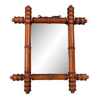 Antique French Faux Bamboo Wall Mirror, Petite Turned Wood Frame For Sale