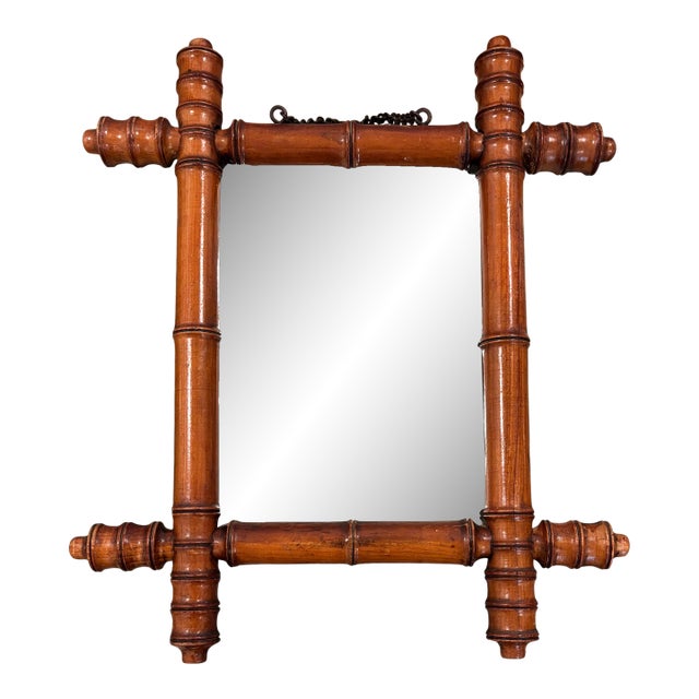 Antique French Faux Bamboo Wall Mirror, Petite Turned Wood Frame For Sale