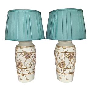 Mid-Century Morris Greenspan Glazed Ceramic Lamps With Faux Bamboo and Floral Relief - a Pair