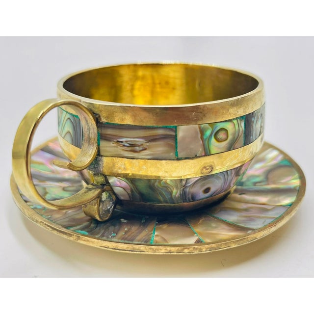 Set of Six Mexican Brass and Abalone Shell Inlay Teacups With Saucers, 1950s For Sale - Image 13 of 18