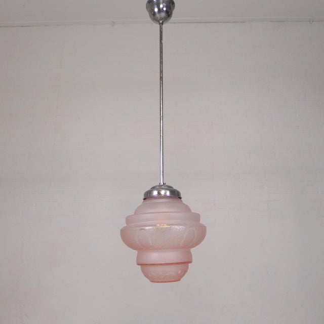 Art Deco Pendant Lamp with Pink Glass Shade, 1930s For Sale - Image 6 of 18