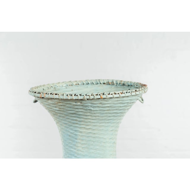Large Vintage Chinese Woven Rattan Basket of Teal and Natural Color on Base For Sale - Image 10 of 13