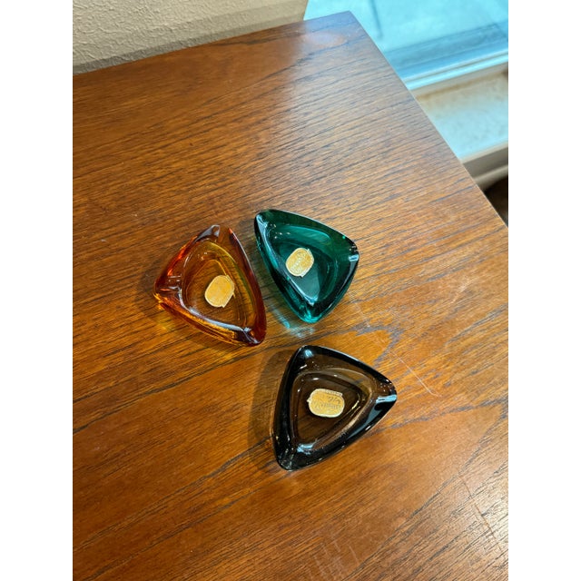 Mid century modern glass ashtrays by Bohemia. Stickers still intact. 3.25” x 2.5