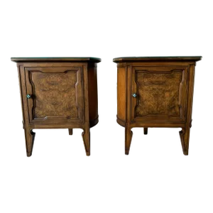 A Pair of Harold Schwartz for Romweber Demilune Pecan End Tables or Nightstands With Decorative Bronze Pulls