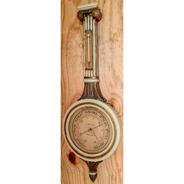 Wood French Directoire Style Cream Painted Gilt Polychromed Decorative Barometer For Sale - Image 7 of 12