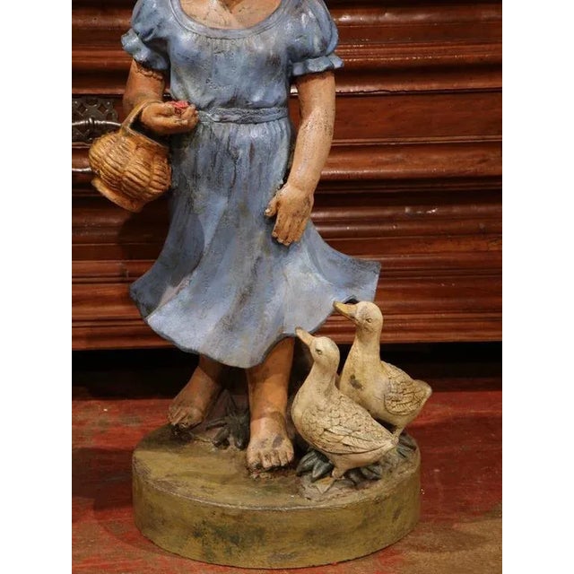 Pair of Mid-Century French Painted Iron Garden Statues of Children Sculptures For Sale - Image 4 of 7