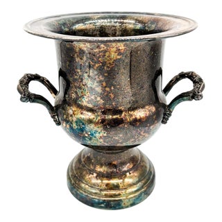 1988 Patinaed Silver Plate Trophy Urn / Champagne Bucket With Floral Handles – Shabby Chic / English Country For Sale