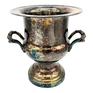 1988 Patinaed Silver Plate Trophy Urn / Champagne Bucket With Floral Handles – Shabby Chic / English Country