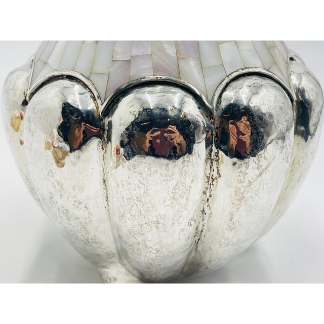 Large Silver-Plated & Mother-of-Pearl Vase by Los Castillo, Taxco Mexico, 1960s For Sale - Image 11 of 15