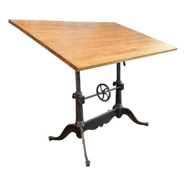 Antique Gunmetal Cast Iron and Pine Drafting Table by Keuffel & Esser For Sale