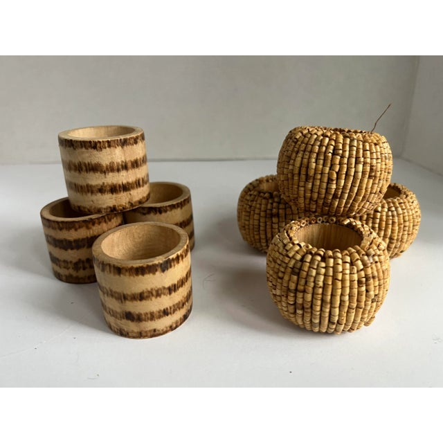 Vintage Tribal Napkin Rings 8 Pieces. 4 with tan beads, measures 2.25"" diam. x 1.75"H. 4 wood with stripe design 1.75"...