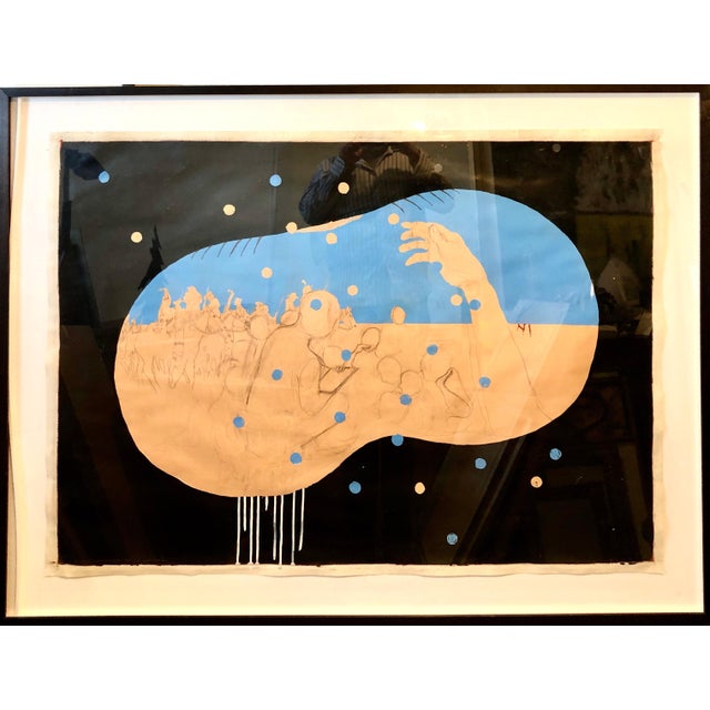 Dakota Nightshade (Native American, Indian piece) Mixed media (ink, paint etc. red thread stitching) Framed 43 X 57 sheet...