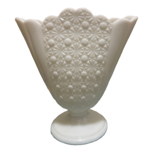 Vintage Fenton Style Milk Glass Fan Vase Daisy and Button White Pedestal Scalloped MCM
