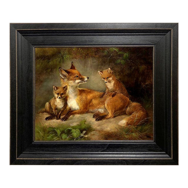 Family of Foxes Framed 8x10" Oil Painting Reproduction Print on Canvas in Distressed Black Wood Frame For Sale