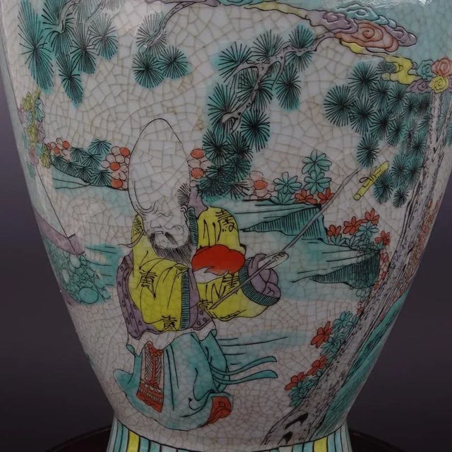 Chinese Vintage Porcelain Vase Qing Dynasty Qianlong Marked Crackle Glaze Famille Verte Porcelain Vase Hand Painted Figures Pattern For Sale - Image 4 of 7