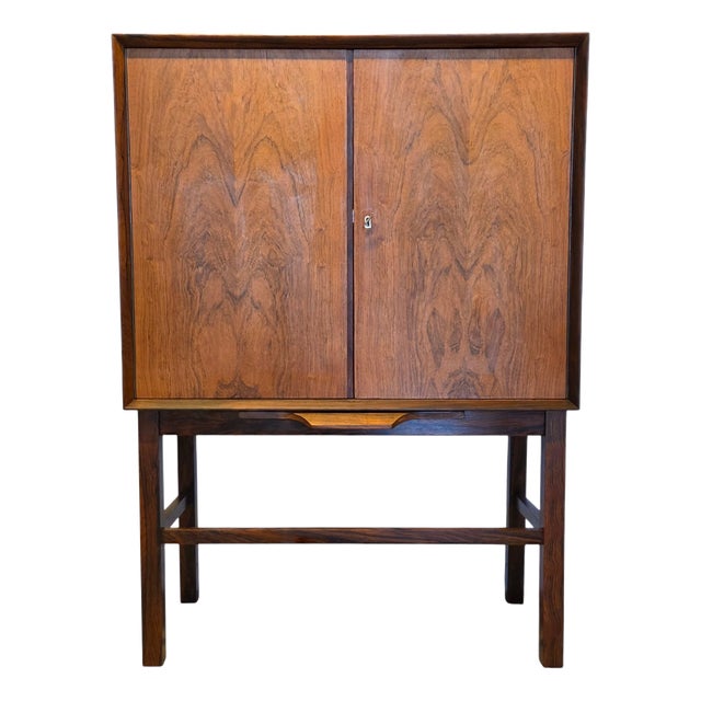 Danish Bar Cabinet in Santos Rosewood with Mirror Interior and Lighting, 1960s For Sale