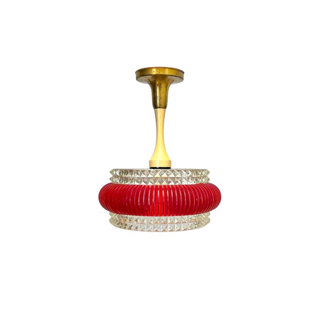 Vintage Pendant Lamp in Red and Clear Plastic with Glass Shade, 1970s For Sale - Image 11 of 11