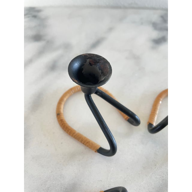 Mid 20th Century Mid 20th Century Walter Bosse Blacked Steel & Woven Natural Raffia Fiber Candlesticks, Unmarked - Set of 4 For Sale - Image 5 of 9
