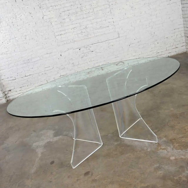 1970s Vintage Modern to Hollywood Regency or Art Deco Dining Table Lucite Sculptural Base Oval Glass Top For Sale - Image 5 of 18