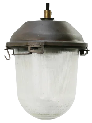 Vintage Industrial Grey and Clear Striped Glass Pendant Light