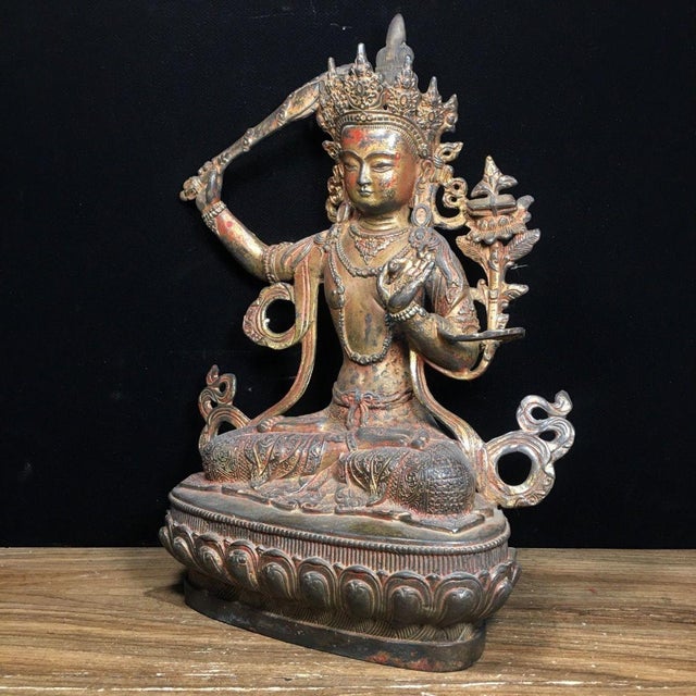 Vintage Tibetan Solid Bronze Manjushri Bodhisattva Sculpture, Seated Lotus Throne Buddha Statue, Chinoiserie Buddhist Altar Decor For Sale - Image 9 of 9