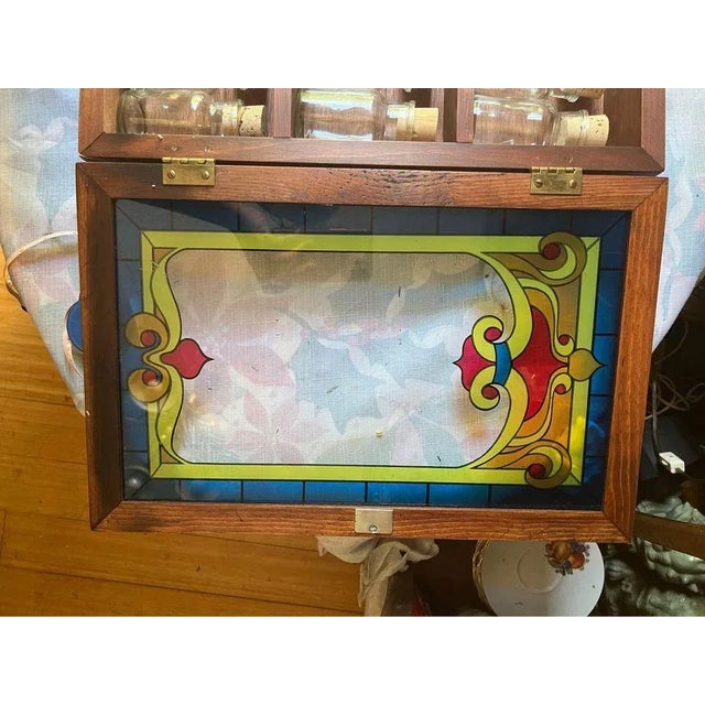 Art Deco Late 20th Century Vintage Art Deco Style Painted Glass Panel Spice Rack Cabinet With 30 Bottles For Sale - Image 3 of 12