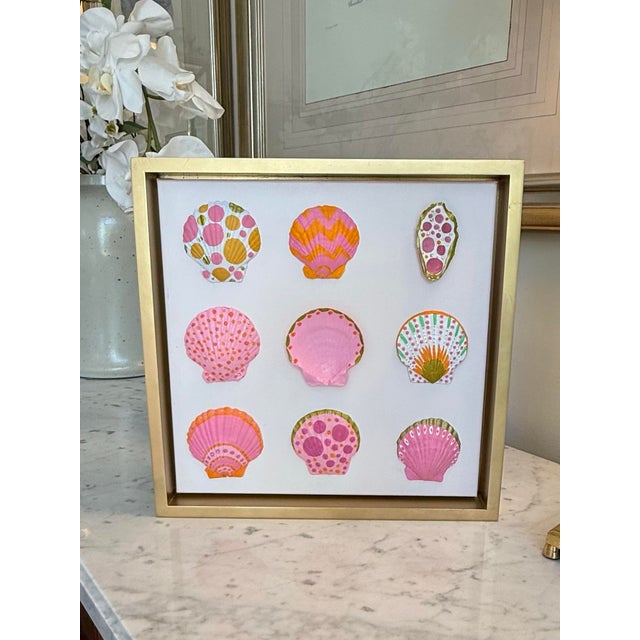 2020s Hand-Painted Pink Seashell Art With Rhinestone Details in Gold Floating Frame – 12” X 12” For Sale - Image 5 of 6
