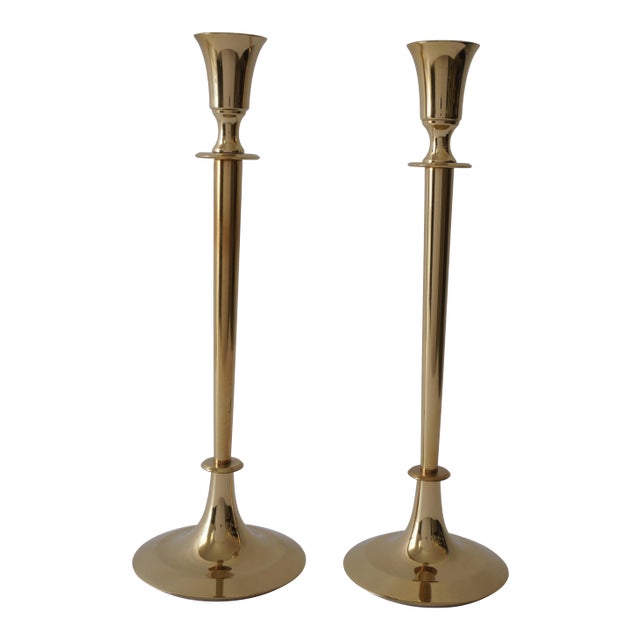 Polished Brass Candlesticks Candle Holders - A Pair For Sale