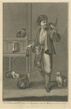 Picart, Dgi-Guerdgi Feeding Cats in the Bazaar, 1727, Print