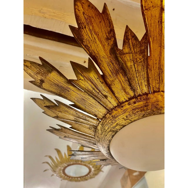 Metal Large Spanish Gilt Gold Crown Flush Mount, 1950 For Sale - Image 7 of 9