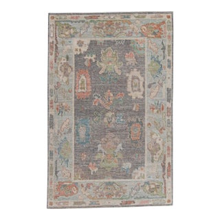 Turkish Oushak Rug in Charcoal & Pastel Tones Hand Knotted Wool Rug 3'11" × 6'1" For Sale