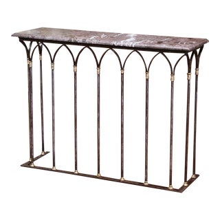 18th Century French Polished Wrought Iron & Bronze Console Table With Marble Top For Sale