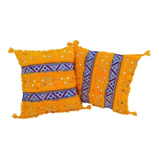 Vintage Moroccan Orange Fringed & Sequined Berber Pillows - Set of 2 For Sale