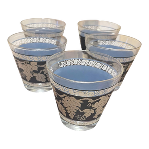 1960s 5 Vintage Jeanette Glass Jasperware Wild Grapes Rocks Glasses Wedgwood Blue