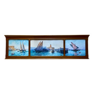 Alphonse Rey, View of the Admiralty of the Port of Algiers, Large Watercolor Triptych, Framed For Sale