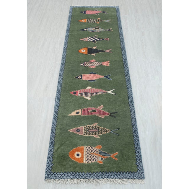 Koi Fish Olive Green Hand Knotted Runner Rug 2.6x8Ft. For Sale - Image 14 of 18