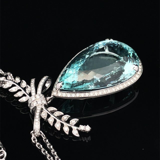 Platinum Necklace With 48.67-Carat Pear-Cut Aquamarine & Diamonds For Sale - Image 18 of 18