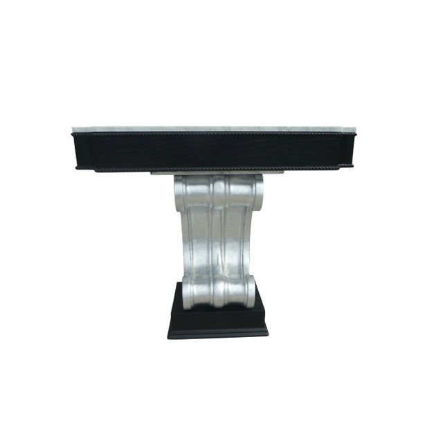 1940's Hollywood Regency Marble Top Scroll Console For Sale