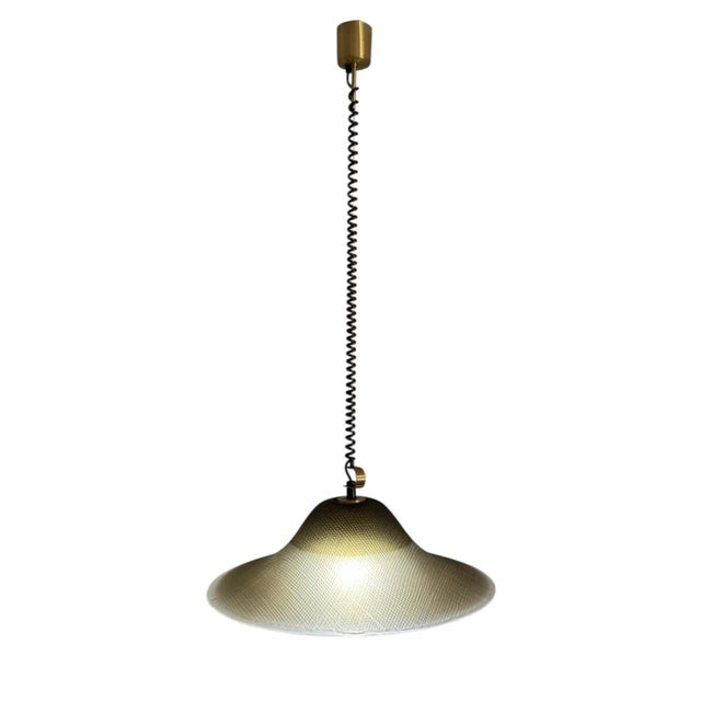 Large Peill & Putzler Brutalist Pendant Light, Germany, 1970s. Featuring a brass canopy with adjustable steel suspension...