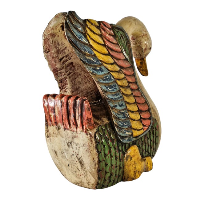 Late 20th-Century Mexican Hand-Carved Painted Wood Swan Sculpture, Folk Art 15" For Sale - Image 4 of 12