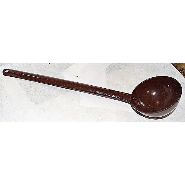 French enamelware ladle in espresso brown to use or add to a collection. Typical wear.