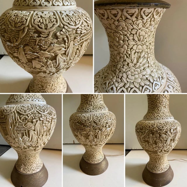 Mid Century Plaster Asian Relief Lamp For Sale - Image 4 of 13