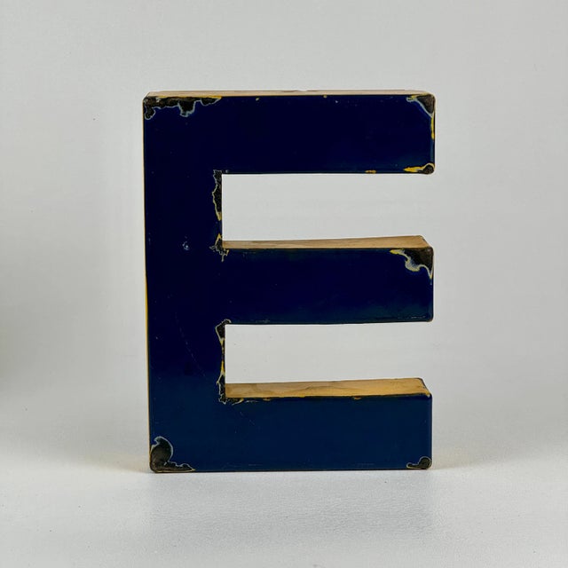 Please note we have the letter E & N available. A gorgeous vintage salvaged metal letter sign in blue and yellow porcelain...
