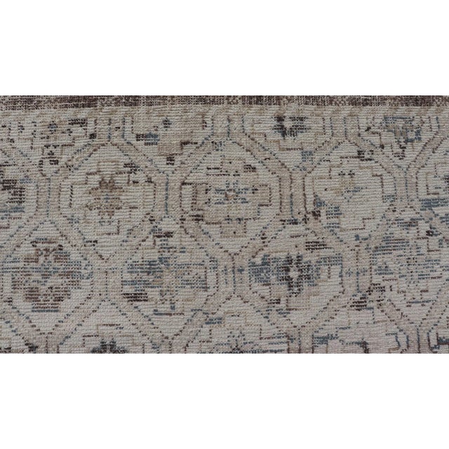 Off-white Modern Hand-Knotted Oushak Distressed Rug With Sub-Geometric Design in Brown and Blue For Sale - Image 8 of 13